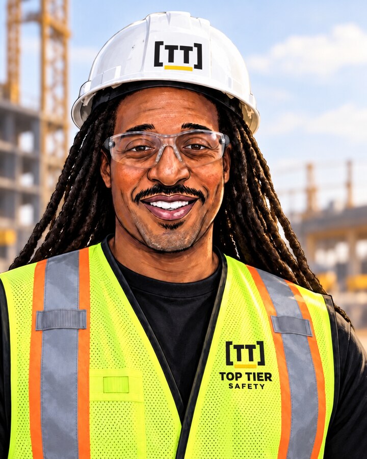 Top Tier Safety founder Collier Floyd wearing a Top Tier-branded hard hat and safety vest with safety glasses